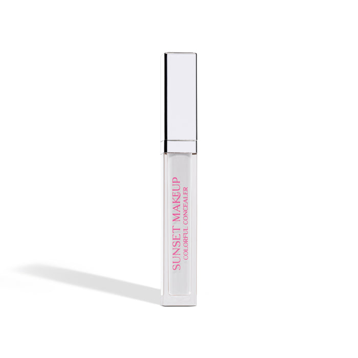 Sunset Makeup White Colorful Concealer in a clear rectangular tube with a silver cap on a white background.