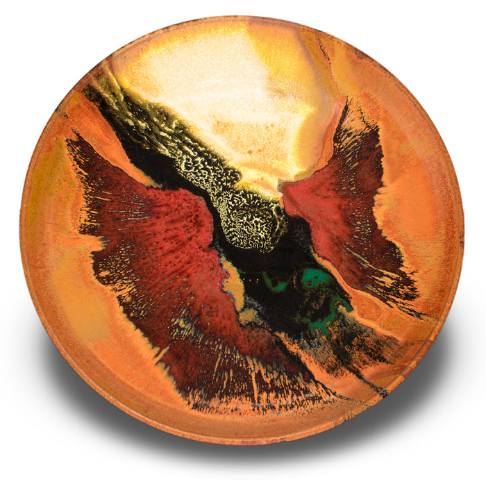 12 inch stoneware bowl in beautiful earth tone colors and red. Handmade pottery by Prairie Fire Pottery. Wheel-thrown and high=fired to 2400°. Made in the U.S.A.  This is an overhead view of the bowl.