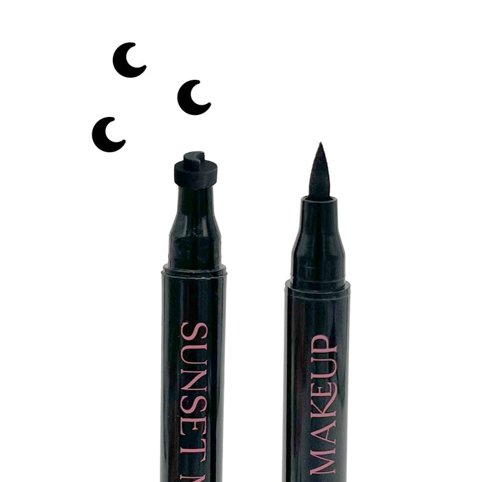 Two black Sunset Makeup moon stamp eyeliner applicators displayed on a white background with a black moon stamp impression.