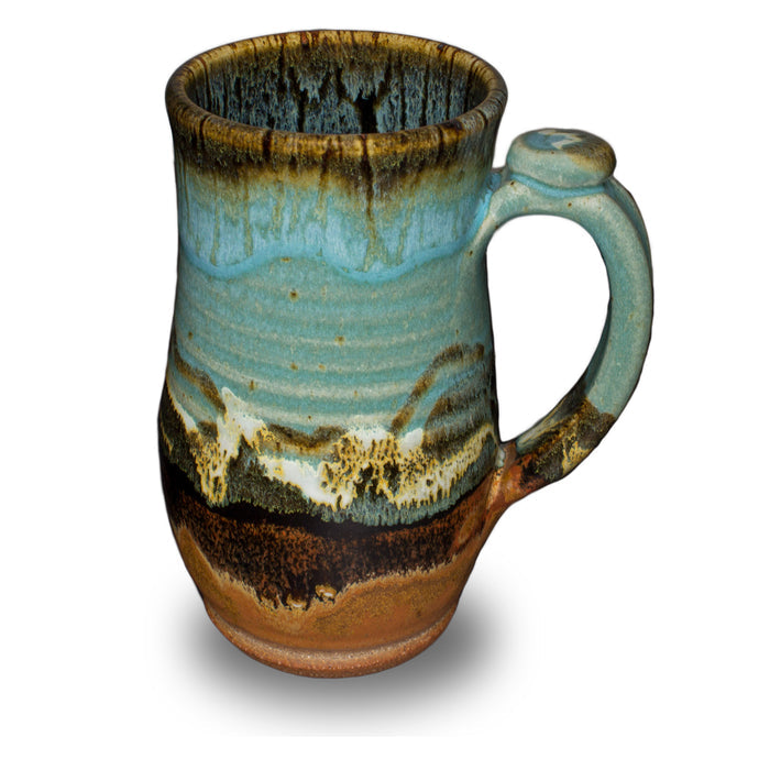 Handmde 20 ounce pottery mug.  Turquoise and brown colors.  Hand made by Prairie Fire Pottery.  Right side view.