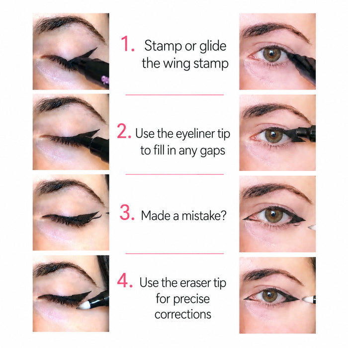 Step-by-step guide showing how to apply, fill in, and correct winged eyeliner using the Sunset Makeup 3-in-1 Eyeliner Stamp in Black.