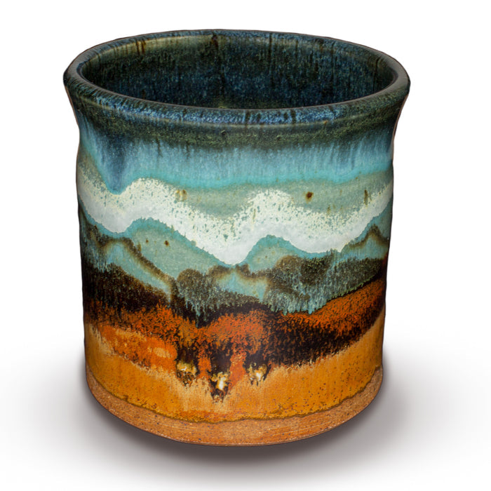 Handmade pottery spoon crock for holding kitchen utensils.  Wheel-thrown stoneware in beautiful turquoise and toasted brown colors.  Hand made by Prairie Fire Pottery.