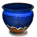 7 inch spoon crock in cobalt blue & brown . Hand made from stoneware clay. Handmade pottery by Prairie Fire Pottery.