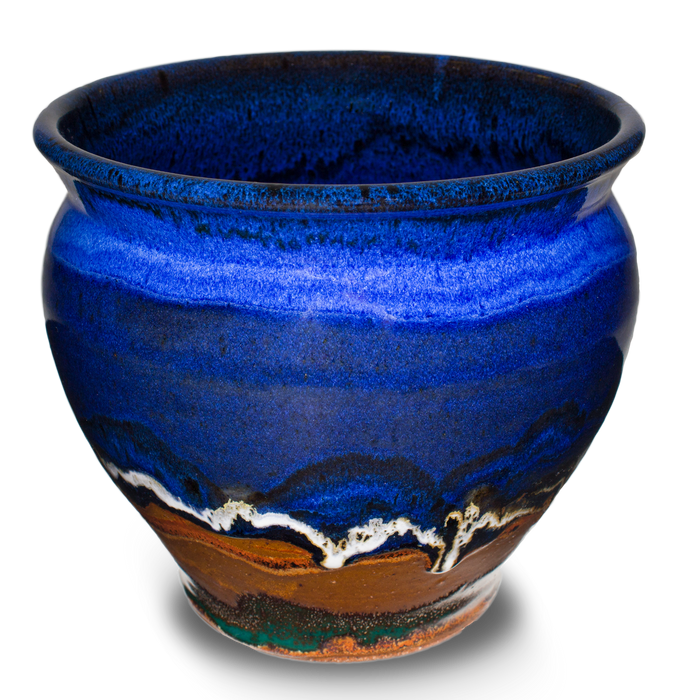 7 inch spoon crock in cobalt blue & brown . Hand made from stoneware clay. Handmade pottery by Prairie Fire Pottery.