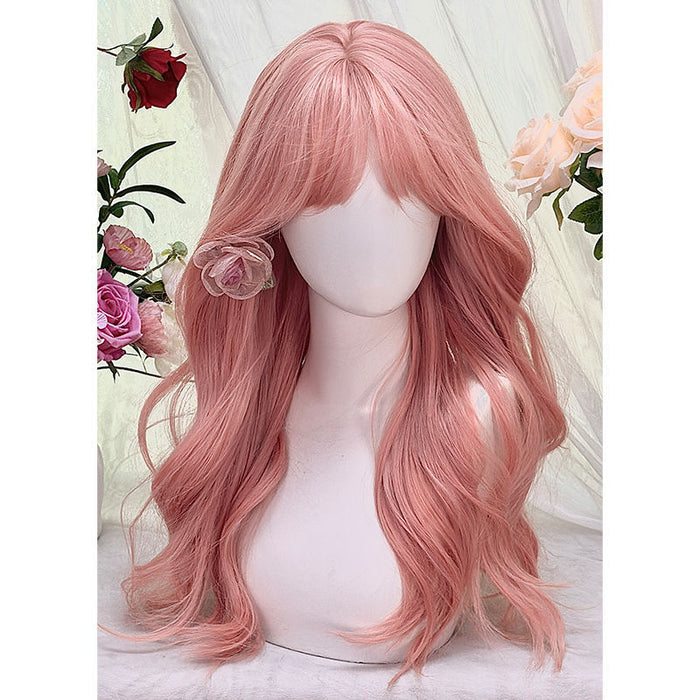 A full grapefruit pink wig for women with long curly hair