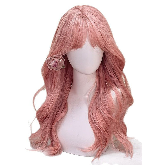 A full grapefruit pink wig for women with long curly hair