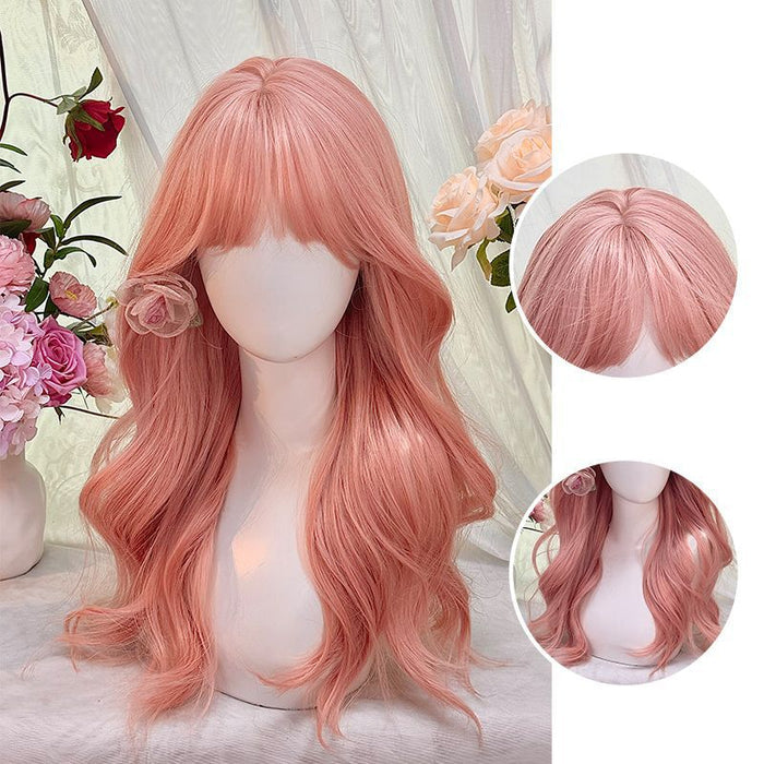 A full grapefruit pink wig for women with long curly hair