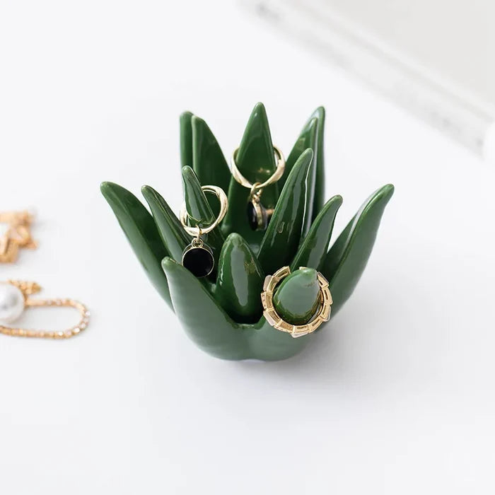 Nordic ceramic cactus aloe ring jewelry organizer, decorative green succulent earring storage dish for home study, office desk, and vanity decor