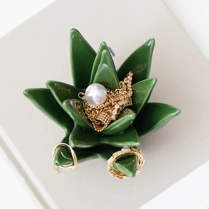 Nordic ceramic cactus aloe ring jewelry organizer, decorative green succulent earring storage dish for home study, office desk, and vanity decor