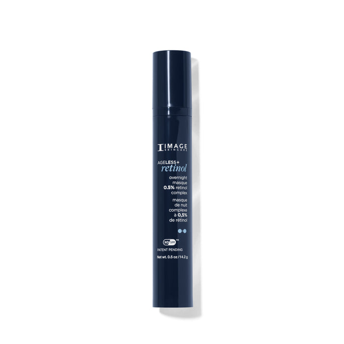 Blue skincare bottle with white text on a white background