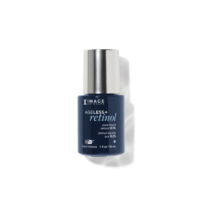Blue skincare bottle with silver cap on a white background