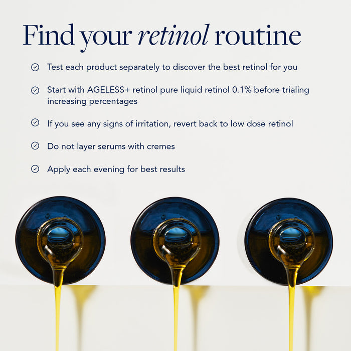 3 bottles of retinol pouring out liquid with retinol usage tips listed