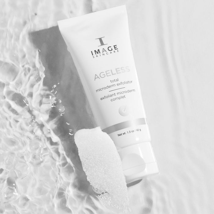 Ageless microderm product bottle floating on water