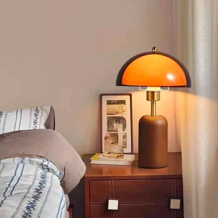 Letifly Lights & Decor - Amber Dome Table Lamp - Amber acrylic dome table lamp with wood-look base and brass-toned stem