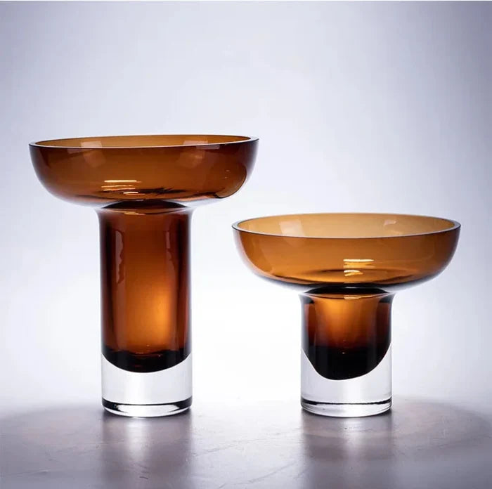 Amber glass pedestal vase with modern design for flowers, dried arrangements decor centerpiece
