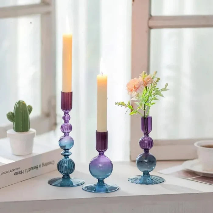 Colorful glass taper candle holders with ribbed and gradient design, set of 3 decorative centerpiece candlesticks