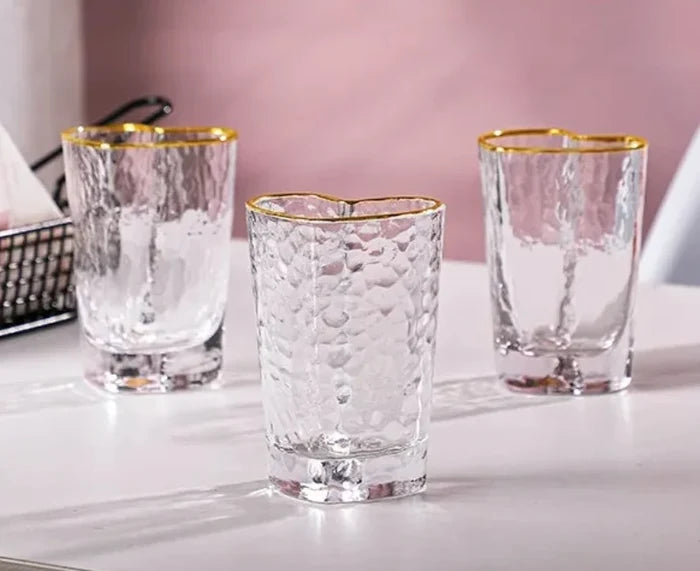 Nordic Lead Free Hammer Pattern Heart Shape Lovely Clear Glass Tumbler Cup with Gold Rim 210ml 7oz Cups for Lovers 1 Pc-Letifly Lights and Decor
