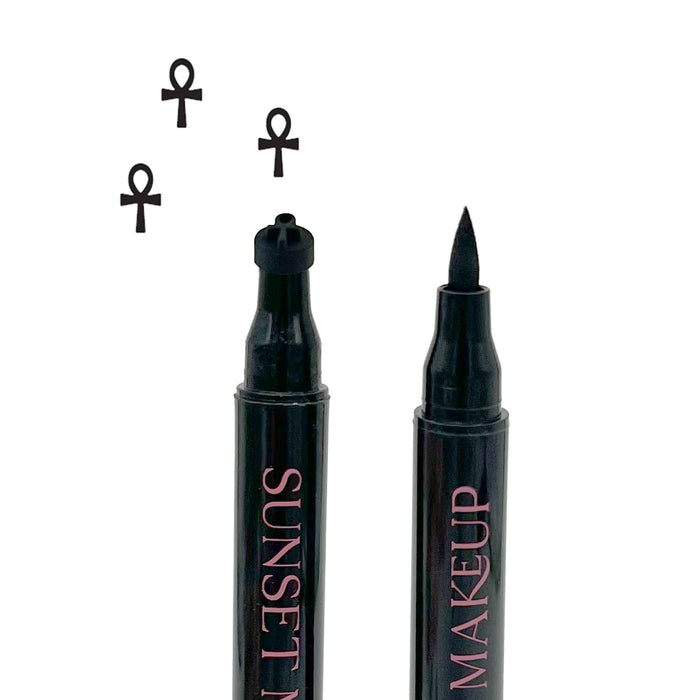 Two black Sunset Makeup ankh stamp eyeliner applicators displayed on a white background with a black ankh stamp impression.
