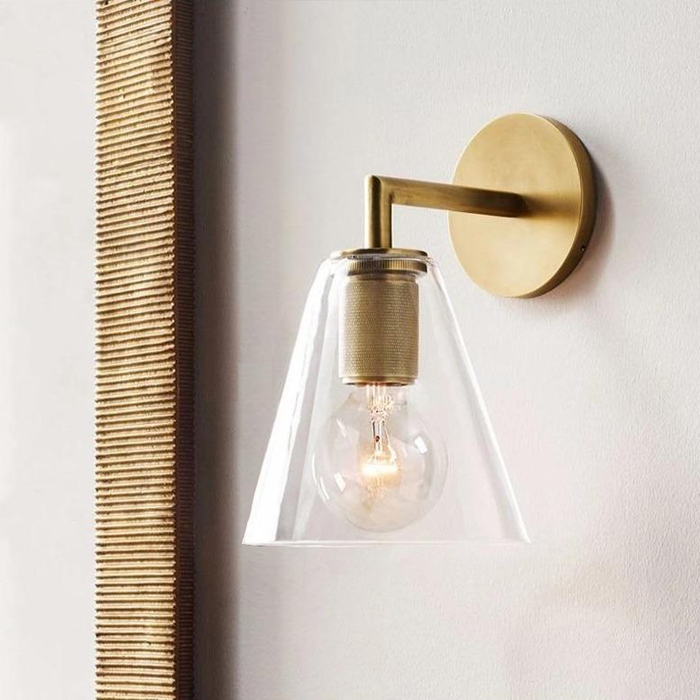 Armed Retro Brass Wall Sconce with Glass Shade Cone industrial art deco wall lamp brass glass