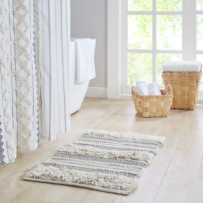 Woven textured bath rug stripe non skid shaggy bathroom mat boho inspired handwoven rug