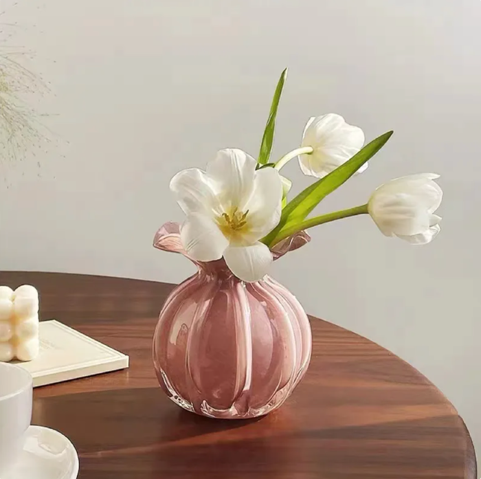 Blown Glass Ruffle Vase pink or purple with ruffled rim gold flecks wide mouth reinforced base