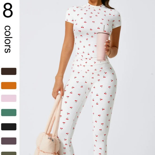 Brushed High-Waisted Yoga Fitness Set with Cherry Print