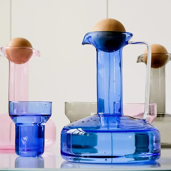 Colorful borosilicate glass kettle set with lid, modern pitcher with cup, pink blue grey clear