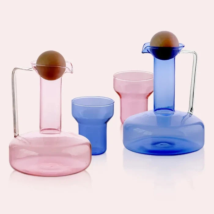Colorful borosilicate glass kettle set with lid, modern pitcher with cup, pink blue grey clear