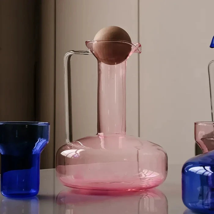 Colorful borosilicate glass kettle set with lid, modern pitcher with cup, pink blue grey clear