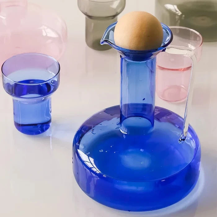 Colorful borosilicate glass kettle set with lid, modern pitcher with cup, pink blue grey clear