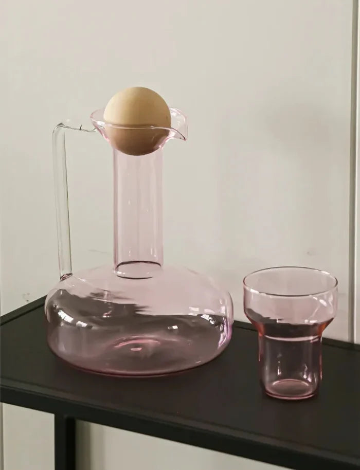 Colorful borosilicate glass kettle set with lid, modern pitcher with cup, pink blue grey clear