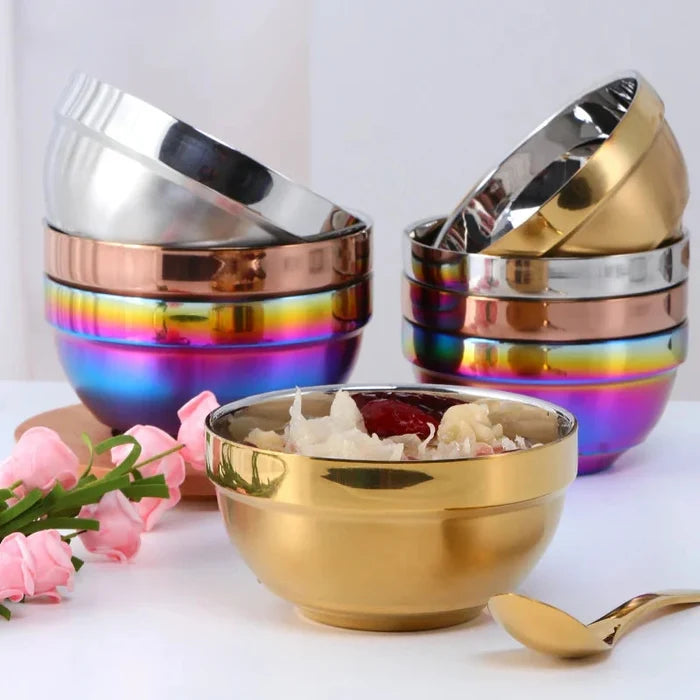 Small&Big Stainless Steel Chinese Rainbow Round Bowl Rice Soup Double Hot Insulation Container Noodle Bowl Kitchen Tableware-Letifly Lights and Decor