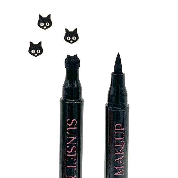 Two black Sunset Makeup cat stamp eyeliner applicators displayed on a white background with a black cat stamp impression.