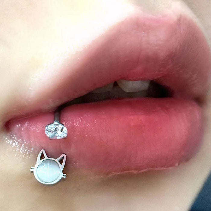 Cat Eye Stone Lip Ring with Zircon