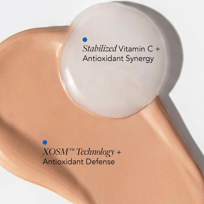 Cosmetic product with text highlighting 'Stabilized Vitamin C + Antioxidant Synergy' and 'XOSM™ Technology + Antioxidant Defense'.