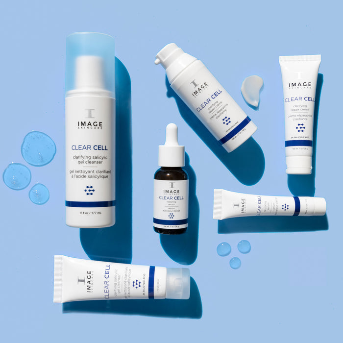 Full clear cell collection products on blue background
