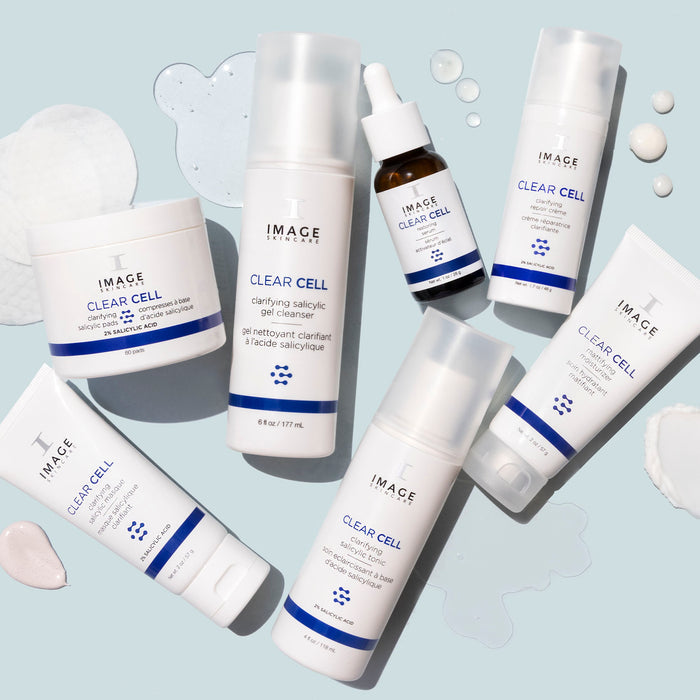 Full clear cell collection products on blue background