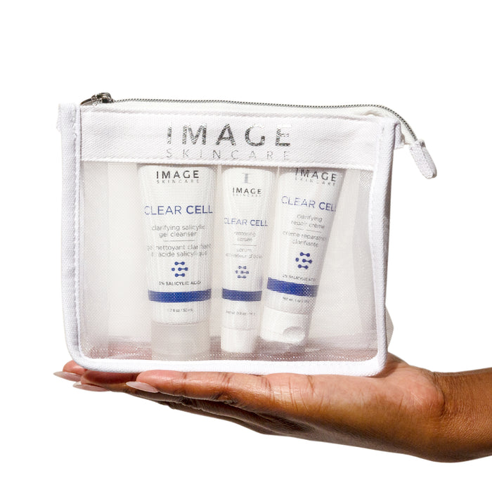 clear skin solutions kit products in white mesh bag