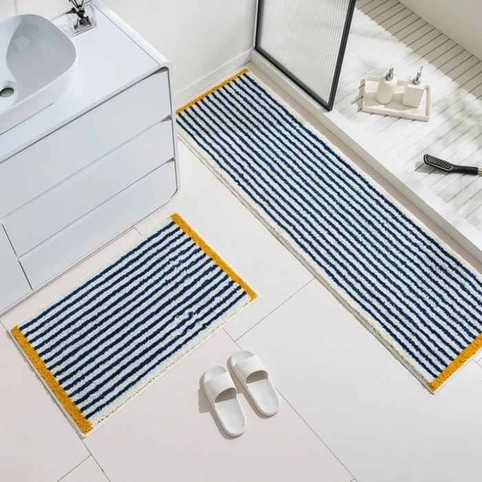 Long Tufting Blue Striped Rug Soft Flocking Non-slip Floor Mat Entrance Bedroom Living Room Girl's Bedside Blanket Home Decor
