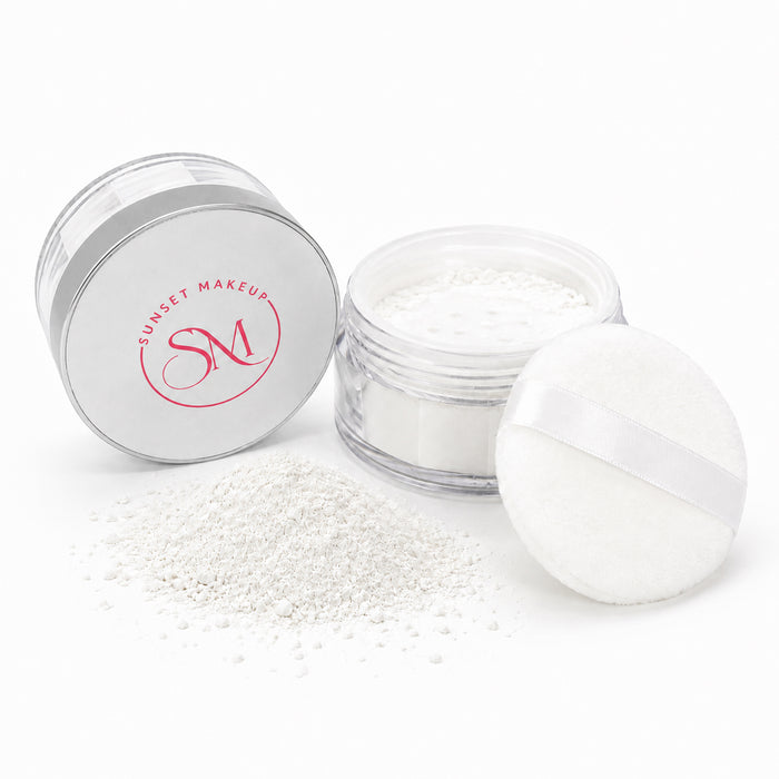 White cosmetic powder shown with its clear jar, silver-labeled lid, and white makeup puff on a clean white background. The lid features a red 'Sunset Makeup' logo.