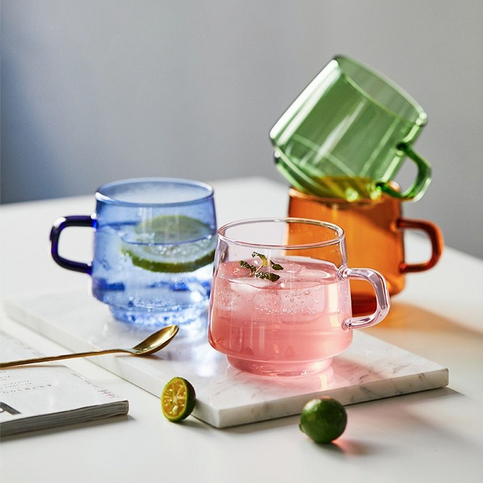 orange green blue pink glass tea cup