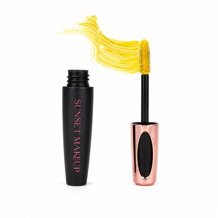 Sunset Makeup yellow colorful mascara with a matching wand and product swatch.