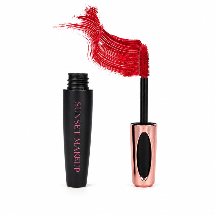 Sunset Makeup red colorful mascara with a matching wand and product swatch.