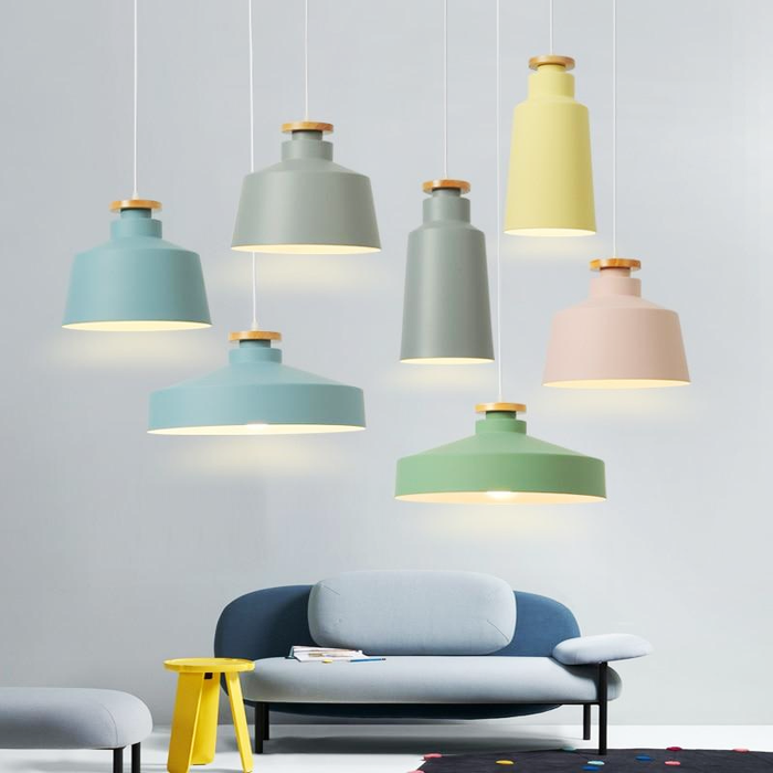 Colorful Metal and Wood Pendant Light aluminum shade wood accent 3 shapes pastel colors adjustable 48 inch cord E27 base CE ROHS