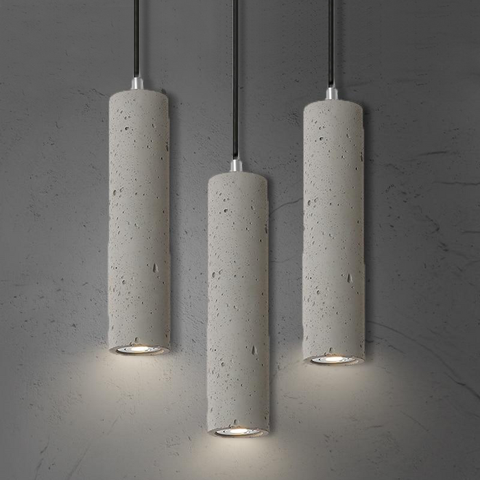 Concrete Pendant Light grey cement cylinder with brushed nickel canopy adjustable cord E27 LED included