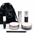 Sunset Makeup Corpse Paint Bundle featuring white and black foundations, setting powders, black matte liquid lipstick, eyeliner pencil, and a black satin makeup bag.