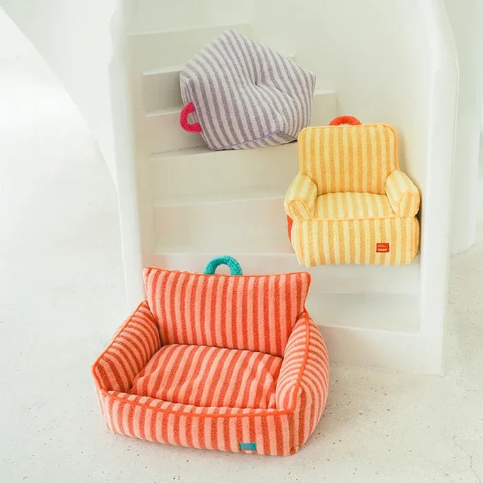 Pet sofa coral fleece striped warm machine washable pet lounger