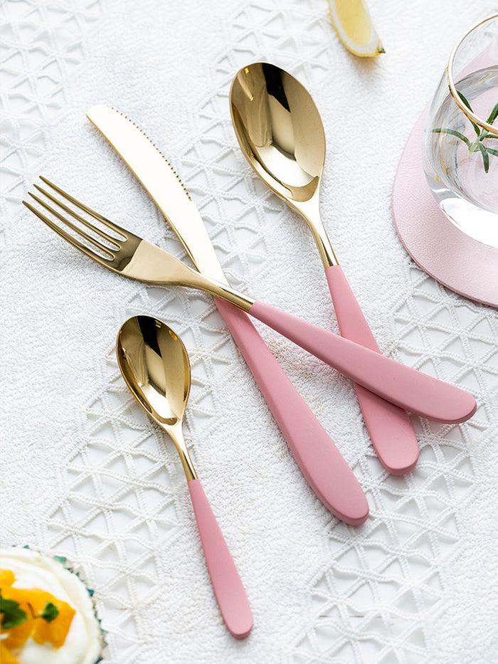 stainless steel gold and  pink tone mirror finish cutlery set