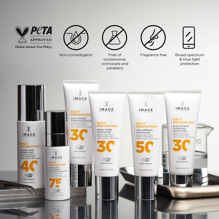 A lineup of Image Skincare's Daily Prevention products, including various SPF moisturizers and mists ranging from SPF 30 to SPF 75, displayed on a reflective surface with a minimalist background.