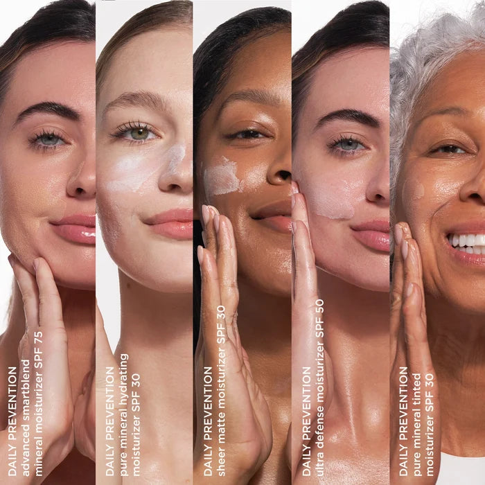 5 model faces each applying one of the Daily prevention products on cheek